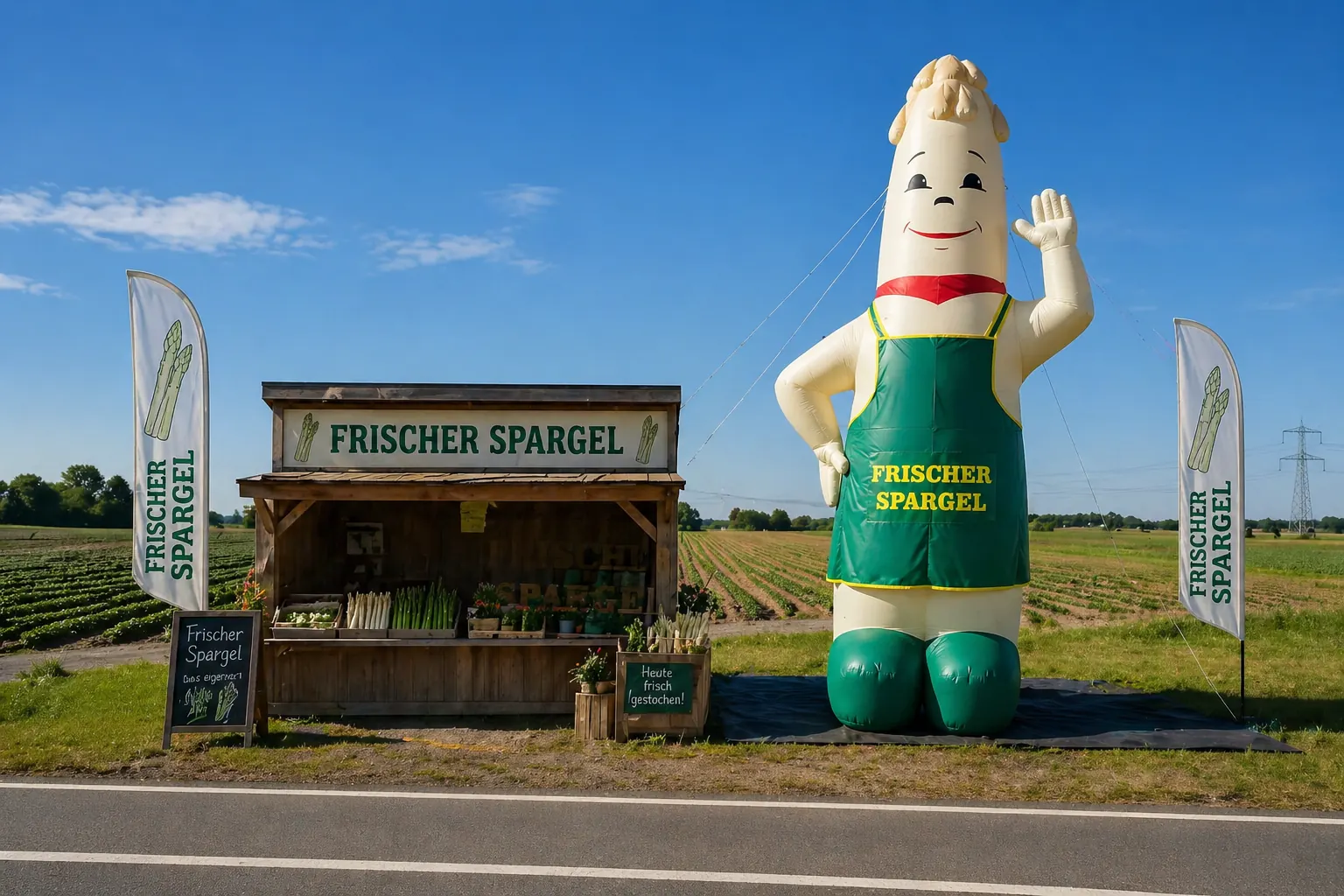 Aufblasbarer Spargelmann als aufmerksamkeitsstarke Werbefigur am Straßenrand