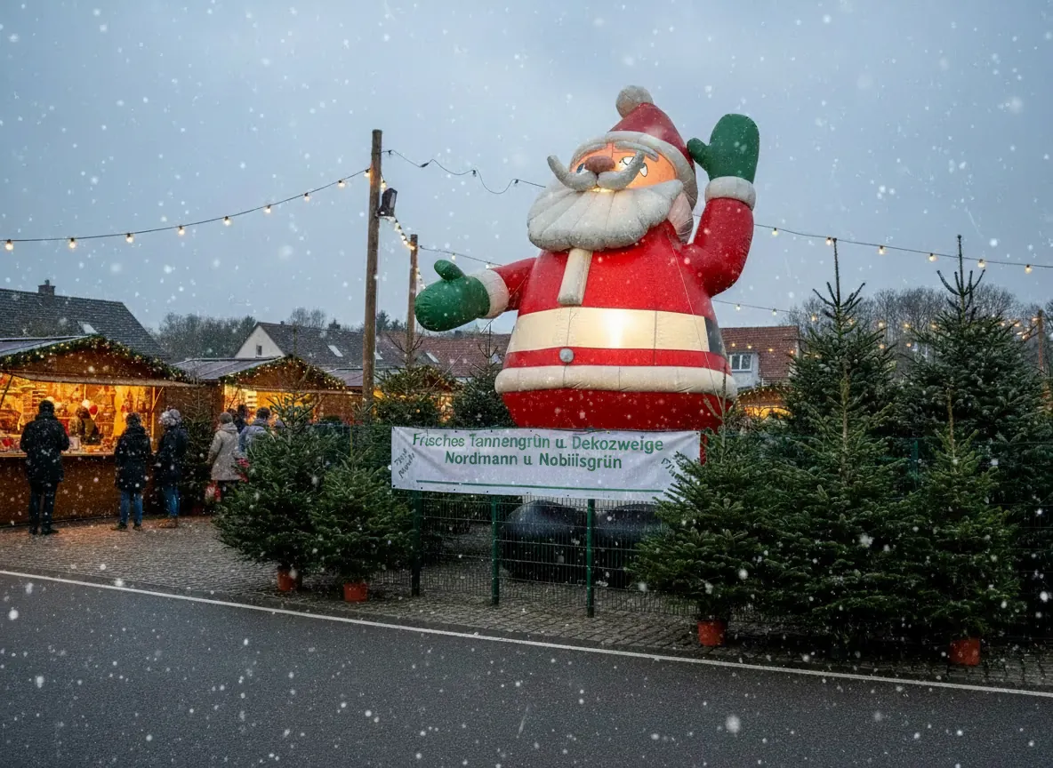 Beleuchteter Weihnachtsmann am Weihnachtsbaumverkauf